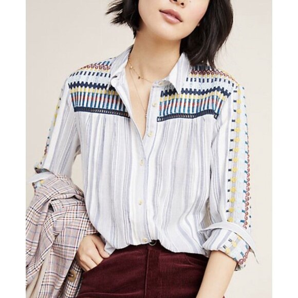 Anthropologie The Cate Classic Buttondown Embroidered Stripe Shirt - Picture 1 of 12